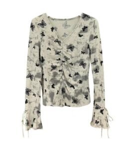 Big size fat MM autumn and winter irregular long-sleeved slim T-shirt sweet spicy style butterfly print V-neck top beautiful small shirt | 1010 - Image 5
