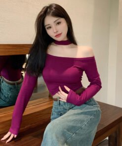 Real Shot Spring 2020 T Shirt New Slim Fit Slimming off-Shoulder Shoulder-Baring Hot Girl Top Short Bottoming Shirt | 1011 - Image 4