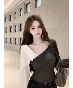 Korean pure desire style oblique collar splicing shirt sleeves slim fit | 1071 - Image 6
