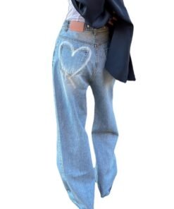 Love Heart Print Design Distressed Drape Wide Leg Washed Jeans | 1081 - Image 5
