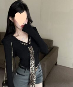 French pure leopard print tie stitching short long-sleeved top | 1064 - Image 10