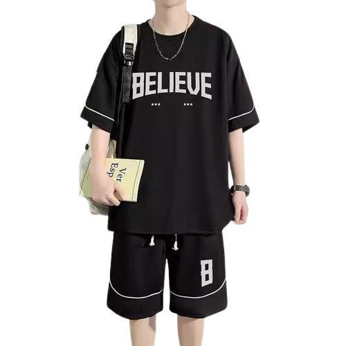 Summer Plus Size Suit Hong Kong Style Vintage Short Sleeve T-Shirt Shorts Casual Sportswear Men's Loose Two-Piece Suit | 1014 - Image 6