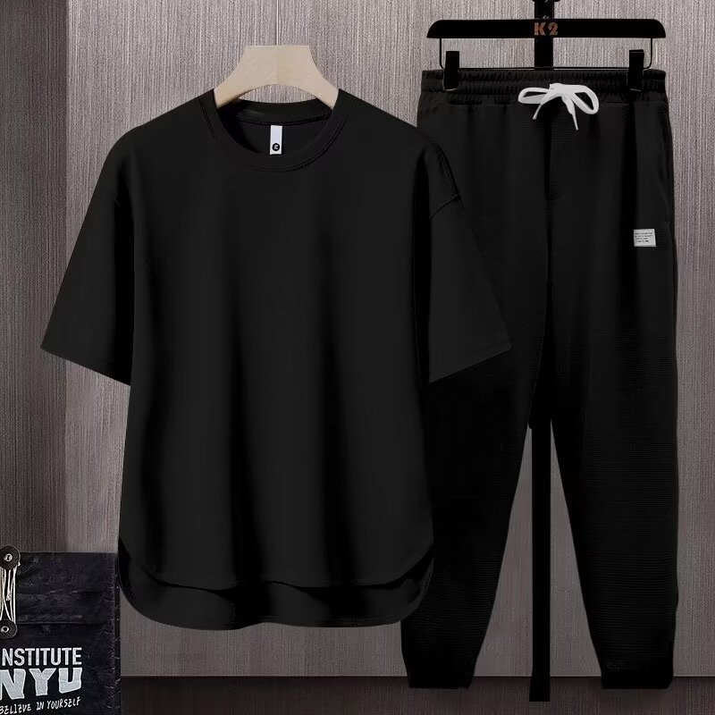 solid color men's T-shirt Japanese trend ins short-sleeved trousers two-piece suit | 1023 - Image 22
