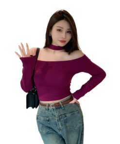 Real Shot Spring 2020 T Shirt New Slim Fit Slimming off-Shoulder Shoulder-Baring Hot Girl Top Short Bottoming Shirt | 1011 - Image 5