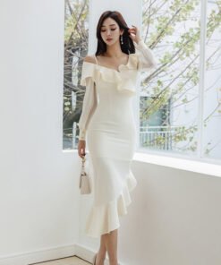 sexy one-shoulder thin strap off-shoulder long-sleeved ruffled asymmetric hip dress | 1026 - Image 3