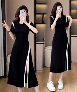 Mid-length skirt Summer daily commuting temperament women's round neck slit waist dress | 1004 - Image 7