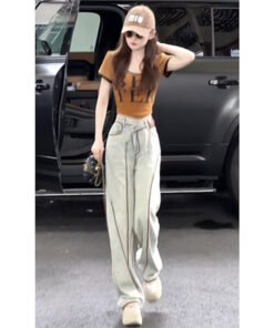 picy short-sleeved high waist design denim wide-leg pants | 1082 - Image 4