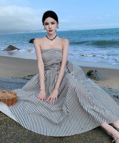 French style off-shoulder pleated slim high waist A-line dress | 1059 - Image 5