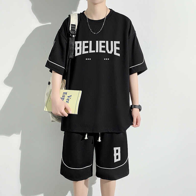Summer Plus Size Suit Hong Kong Style Vintage Short Sleeve T-Shirt Shorts Casual Sportswear Men's Loose Two-Piece Suit | 1014 - Image 3