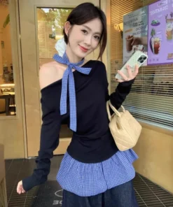 two-piece off-shoulder plaid splicing long-sleeved T-shirt | 1076