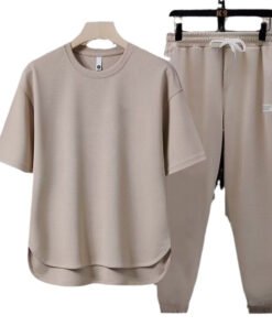 solid color men's T-shirt Japanese trend ins short-sleeved trousers two-piece suit | 1023 - Image 5