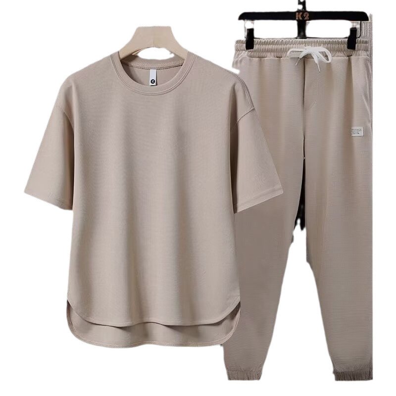 solid color men's T-shirt Japanese trend ins short-sleeved trousers two-piece suit | 1023 - Image 5