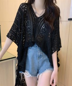 hollow lace V-neck knitted top lazy foreign style medium-length bat sleeve blouse | 1029 - Image 8
