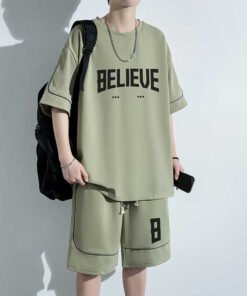 Summer Plus Size Suit Hong Kong Style Vintage Short Sleeve T-Shirt Shorts Casual Sportswear Men's Loose Two-Piece Suit | 1014