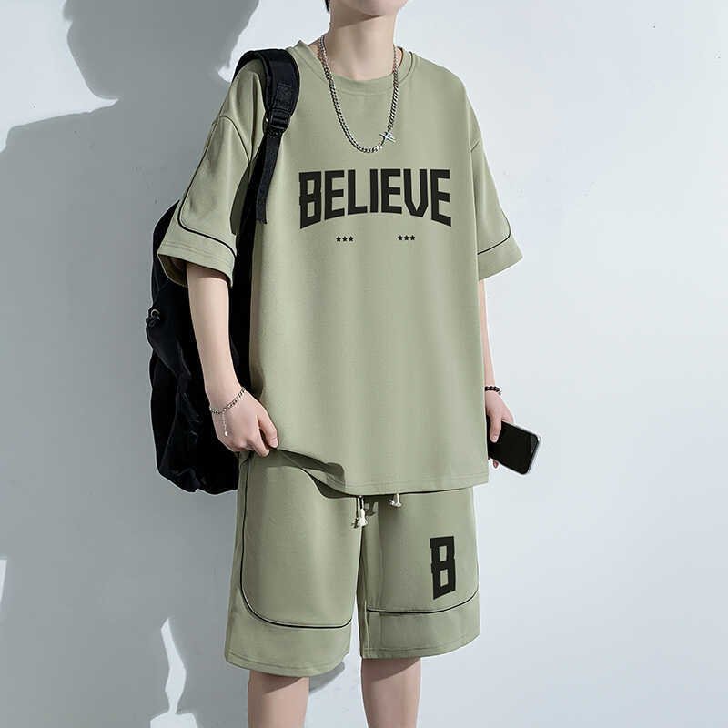 Summer Plus Size Suit Hong Kong Style Vintage Short Sleeve T-Shirt Shorts Casual Sportswear Men's Loose Two-Piece Suit | 1014 - Image 44