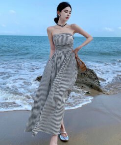 French style off-shoulder pleated slim high waist A-line dress | 1059 - Image 3