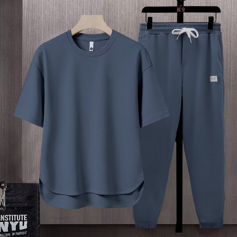 solid color men's T-shirt Japanese trend ins short-sleeved trousers two-piece suit | 1023 - Image 12