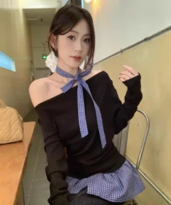 Alternative view of two-piece off-shoulder plaid splicing long-sleeved T-shirt | 1076