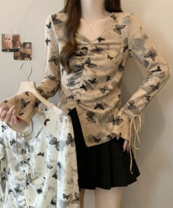 Big size fat MM autumn and winter irregular long-sleeved slim T-shirt sweet spicy style butterfly print V-neck top beautiful small shirt | 1010 - Image 4