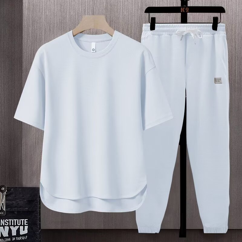 solid color men's T-shirt Japanese trend ins short-sleeved trousers two-piece suit | 1023 - Image 3