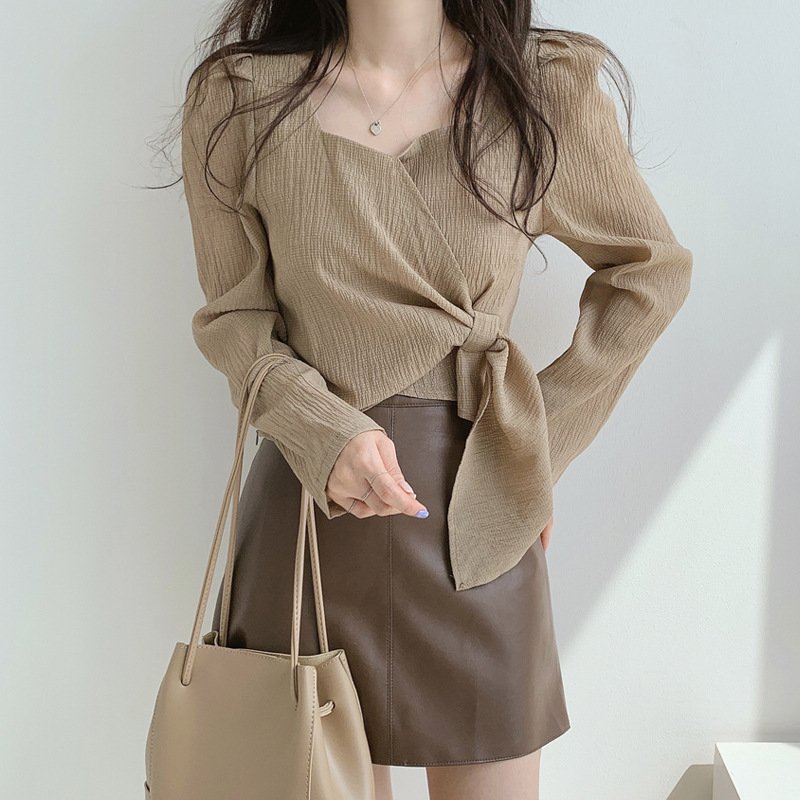 Korean square collar shirt bubble long sleeve straps slim temperament shirt women | 1031 - Image 19