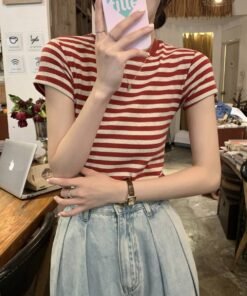 Sense Short Sleeve T-Shirt Women's American Retro Student Trim Top | 9001 - Image 14