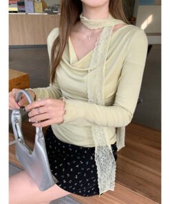 Pure desire, swing tie, neck, waist cinching, thin, irregular long-sleeved T-shirt | 9022 - Image 3