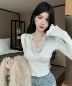 Deep V-neck lace stitching white knitted base shirt women's | 9018 - Image 7