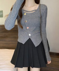 long sleeve buttons, female fat sister, slim and thin, short inner top | 9023 - Image 7