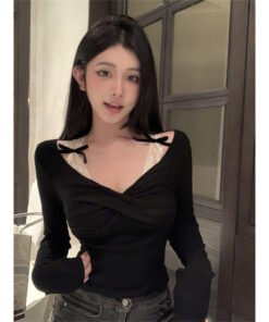 Sexy Bow Stitching V-neck Long Sleeve T-Shirt | 9005 - Image 3