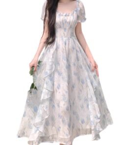 First love, French square neck, romantic floral chiffon dress, | 8020 - Image 5