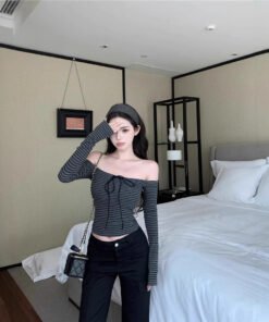 Straight neck vintage striped long sleeve t-shirt | 9003 - Image 3