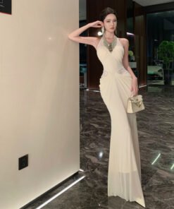 Alternative view of Heavy Beaded Halter Neck Dress Women's Autumn Lace Splicing Long Skirt | 1129