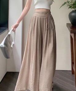 solid color tie-up high waist, thin pleated pants, draped wide leg pants, slacks, sweet | 7009 - Image 6
