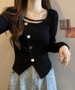 long sleeve buttons, female fat sister, slim and thin, short inner top | 9023 - Image 4