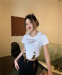 versatile letter print puppy pullover drawstring cropped crop top shirt tide | 9007 - Image 3