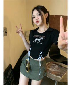 versatile letter print puppy pullover drawstring cropped crop top shirt tide | 9007 - Image 7