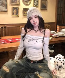 women's long sleeve slim cropped top white black | 9017 - Image 5