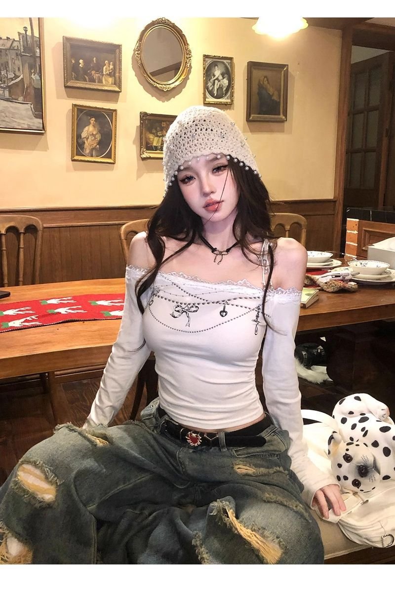 women's long sleeve slim cropped top white black | 9017 - Image 5