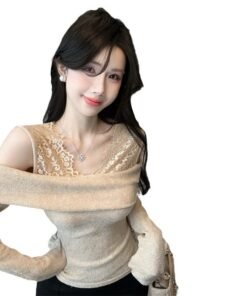 Babes Sexy Off-the-shoulder Lace Splicing Fake Two Trim Tops Woman | 9012 - Image 5
