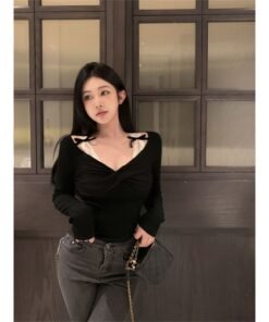 Sexy Bow Stitching V-neck Long Sleeve T-Shirt | 9005 - Image 4