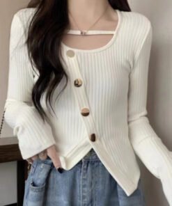long sleeve buttons, female fat sister, slim and thin, short inner top | 9023 - Image 28