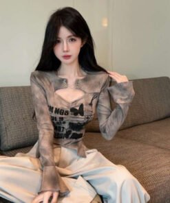 American hot girl design sense print long-sleeved top | 9026 - Image 3