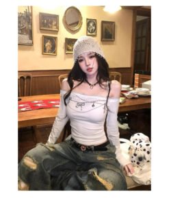 women's long sleeve slim cropped top white black | 9017 - Image 8