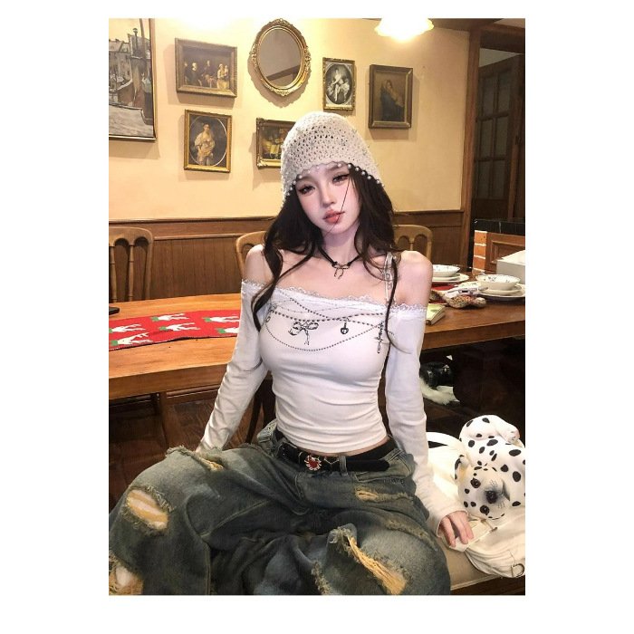 women's long sleeve slim cropped top white black | 9017 - Image 8