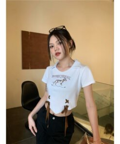 versatile letter print puppy pullover drawstring cropped crop top shirt tide | 9007 - Image 8