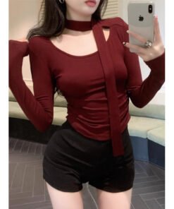 Design Sense Retro Sexy Halterneck Waist Long Sleeve T-Shirt | 9021 - Image 7