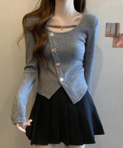 long sleeve buttons, female fat sister, slim and thin, short inner top | 9023