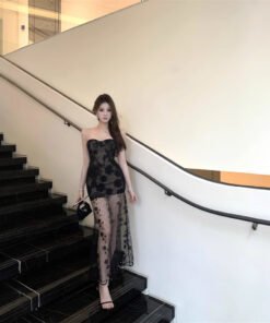 Black Sheer Lace Sequin Bandeau Dress | 8002 - Image 3