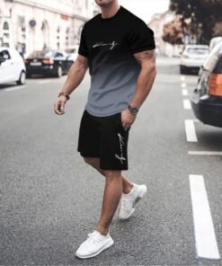 3D Digital Printing Simple Letter Gradient T-shirt Two-piece Suit Men | 1121 - Image 30